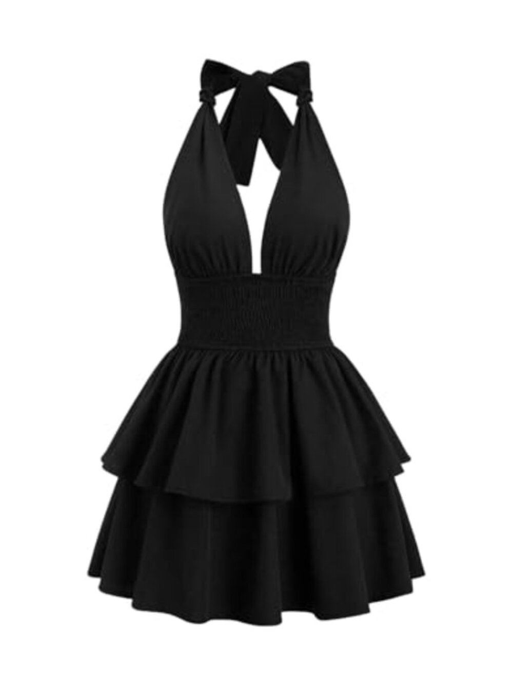 Women's Deep V Neck Halter Mini Dress Smocked Layered Ruffle Backless Party